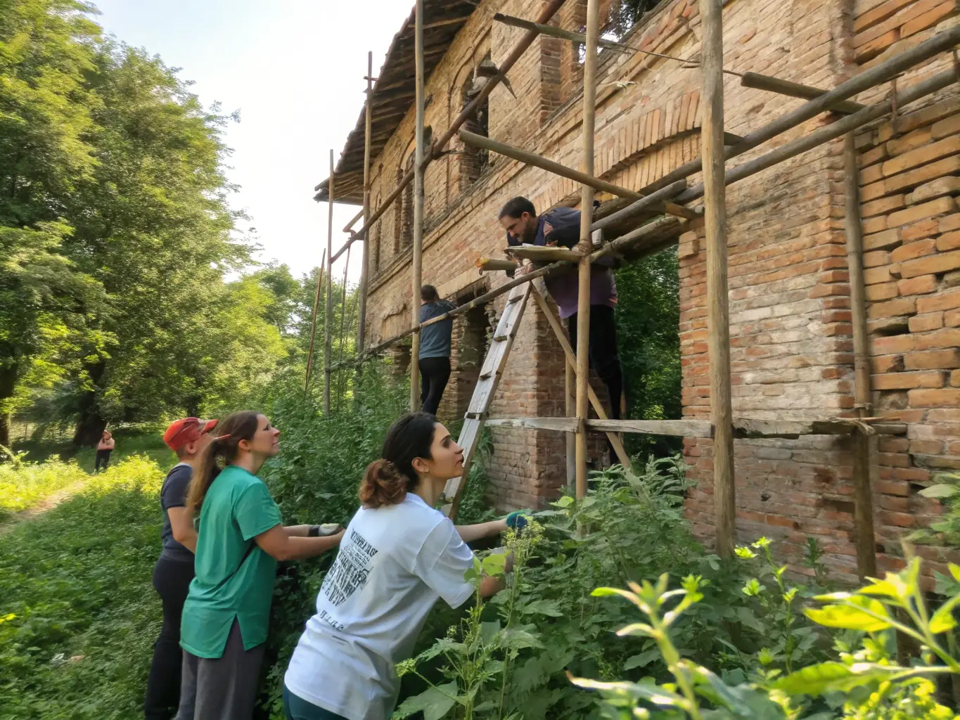 A vibrant scene of community members, including children and elders, restoring a historic rural building and planting native trees, symbolizing heritage preservation and environmental stewardship in a French countryside setting.