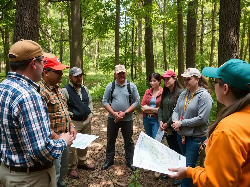 A photo of a lively outdoor seminar where local residents, hunters, and conservationists are gathered in discussion, with educational materials and wildlife posters displayed under a canopy of trees.