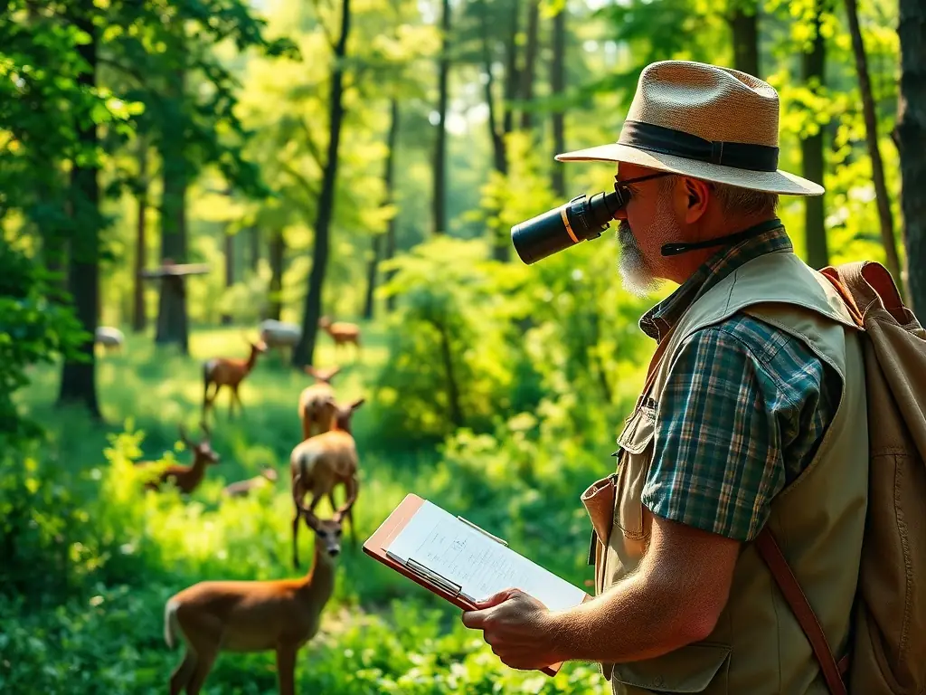 An image of a wildlife biologist in the field, observing a herd of deer grazing in a lush, protected forest habitat, with scientific equipment and local volunteers visible in the background.