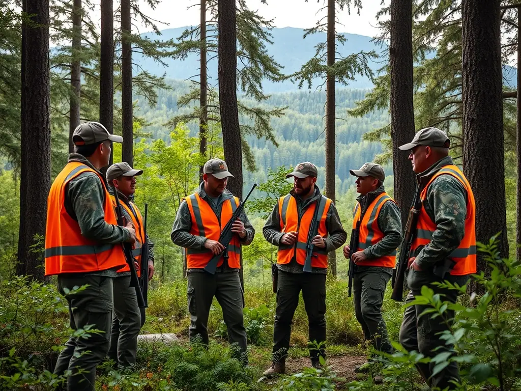 A group of volunteers and local hunters participating in a guided big game hunting event in a lush French forest, with emphasis on safety, tradition, and respect for wildlife, suitable for a nonprofit's program showcase.