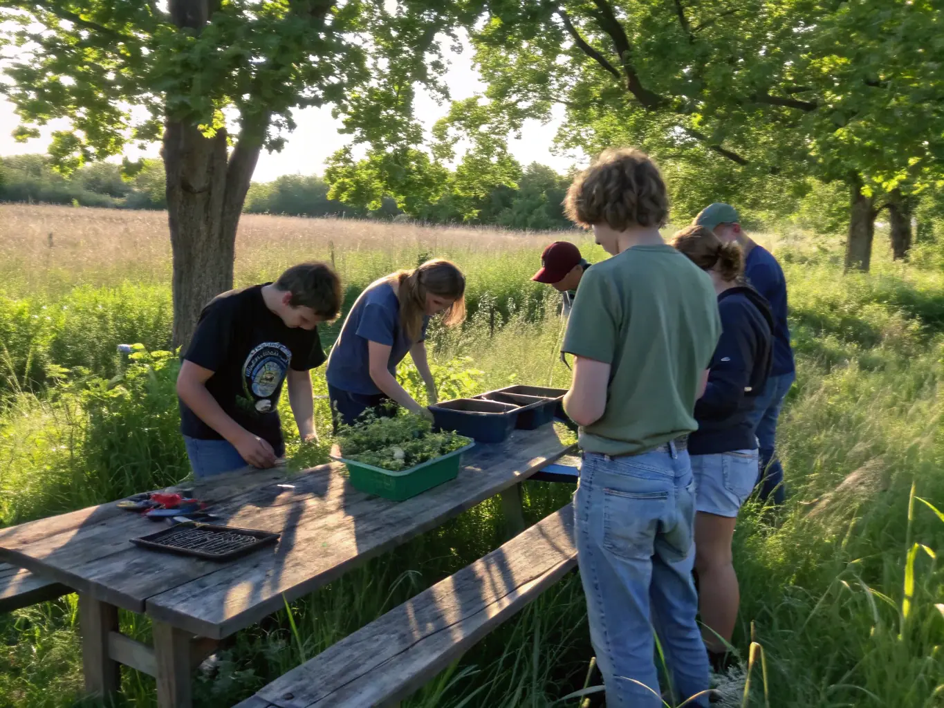 An interactive outdoor educational workshop with children and adults gathered around a table, examining wildlife tracks and learning about local flora, set in a scenic rural area with educational materials visible.